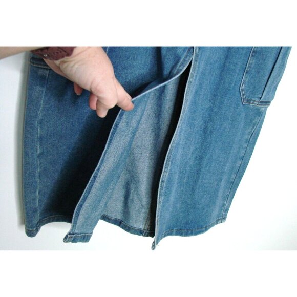 Miou Muse Midi Denim Cargo Straight Skirt Size Small Front Slit Pockets Utility - Picture 4 of 11